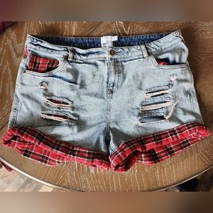 Asos Curve denim shorts, red plaid detail, 14